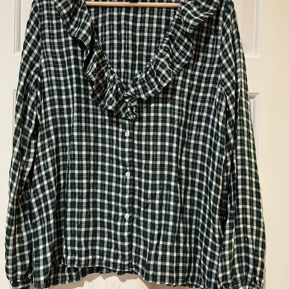 Ann Taylor plaid ruffle button down shirt